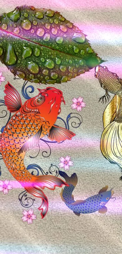 Colorful koi fish with leaf and flowers in artistic mobile wallpaper.