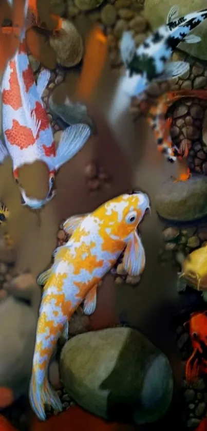 Koi fish swimming among rocks in a colorful aquatic scene.