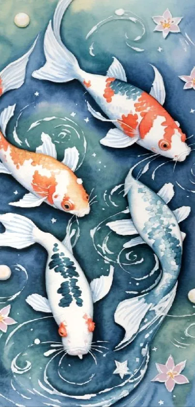 Colorful koi fish swimming in artistic, blue-green watercolor design.