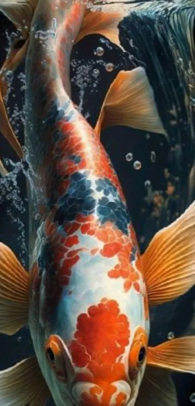 Close-up of a colorful koi fish swimming gracefully underwater.
