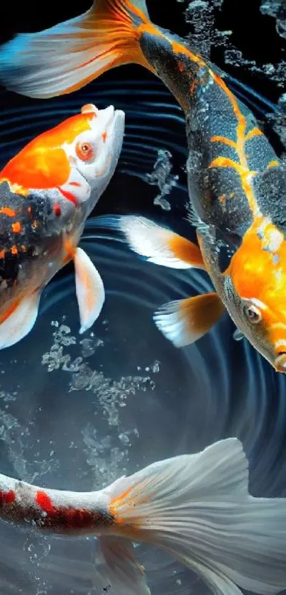 Two colorful koi fish swimming in water with swirling patterns.