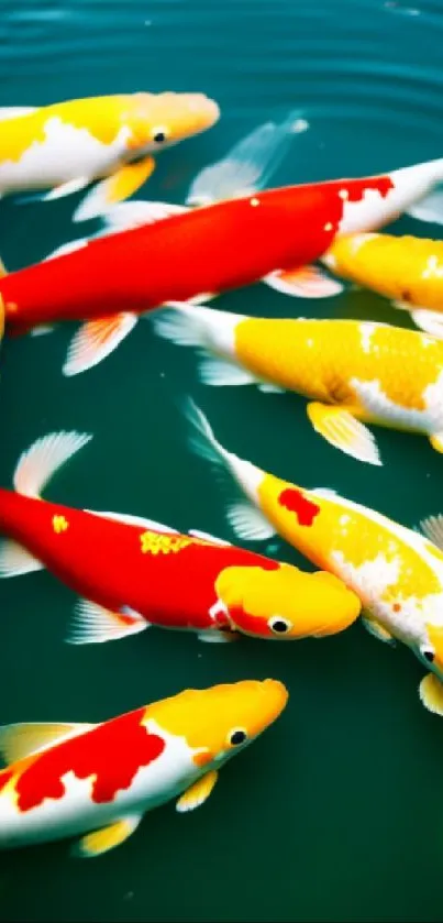 Colorful koi fish swimming gracefully in clear, teal water.