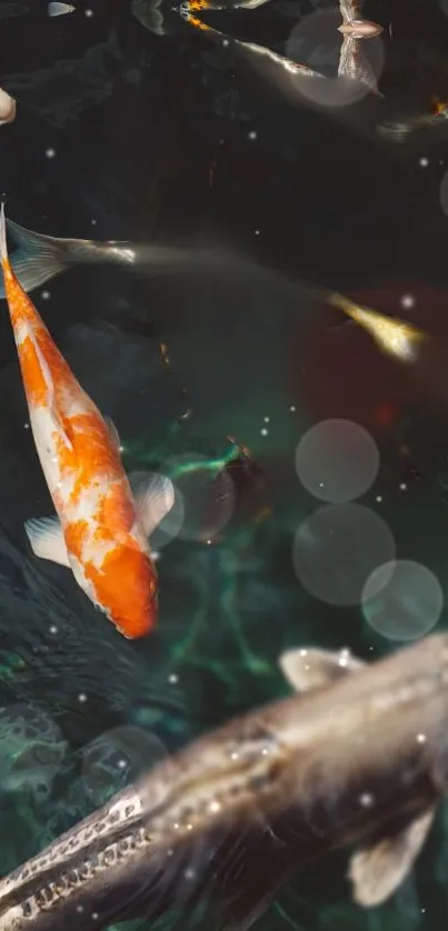Vibrant koi fish swimming in a serene pond, showcasing colorful aquatic life.