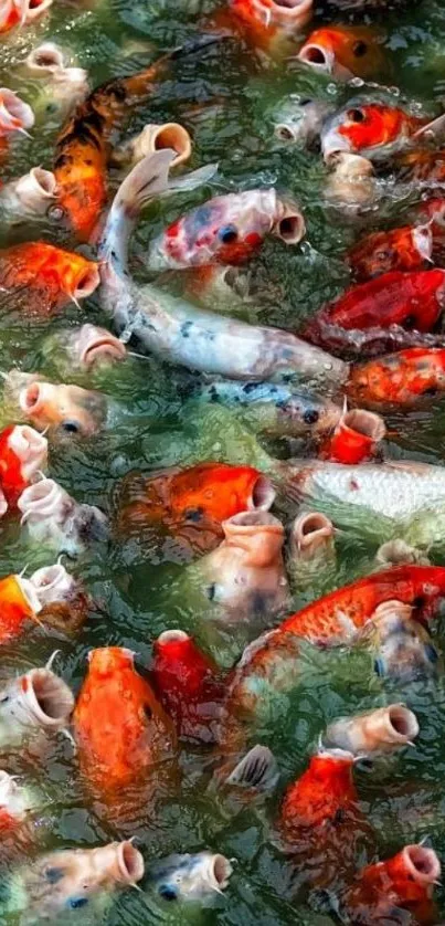 Vibrant koi fish swimming in clear water with green background.