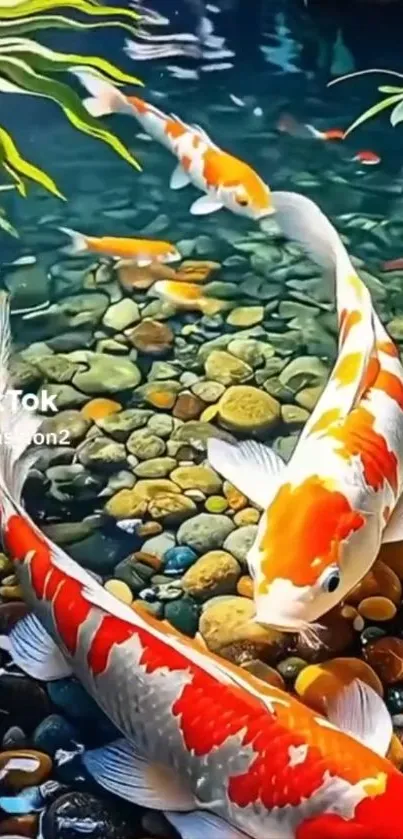 Colorful koi fish swimming in a vibrant aquatic setting.