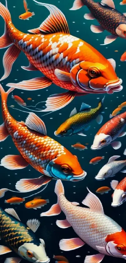 Vibrant koi fish swimming in an artistic mobile wallpaper design.