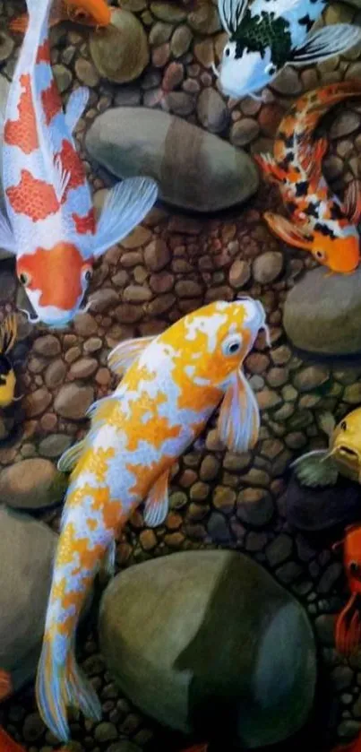 Colorful koi fish swimming among stones.