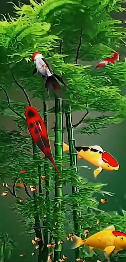 Colorful koi fish swim among green bamboo stalks.