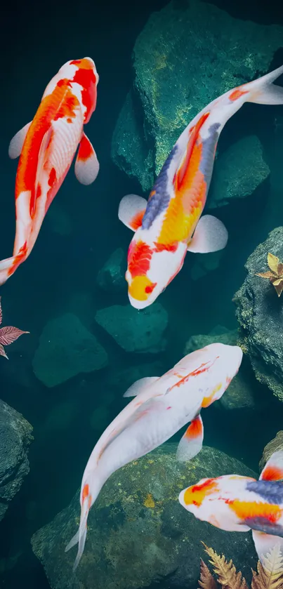 Colorful koi fish swimming in a serene pond with rocks and leaves.