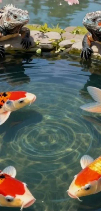 Vibrant wallpaper of koi fish and iguanas by a blue pond.