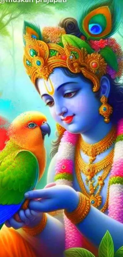 Colorful depiction of Krishna with a parrot in a mystical forest setting.