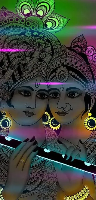 Colorful neon Krishna and Radha illustration on mobile wallpaper.