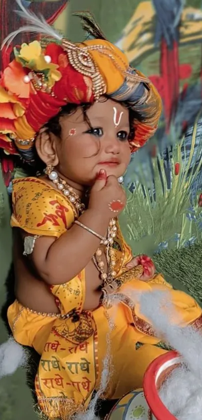 Baby in traditional attire with colorful decorations.