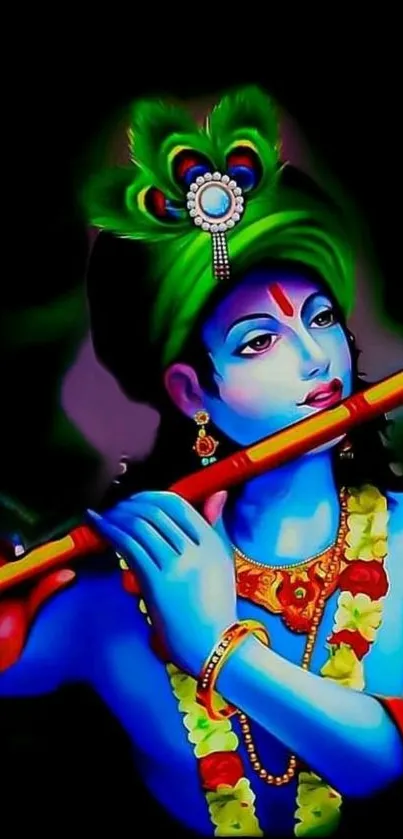 Lord Krishna playing flute with vibrant colors and peacock feather adornment.