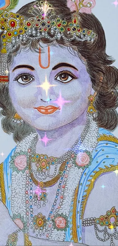 Vibrant Krishna illustration with colorful attire and intricate jewels.