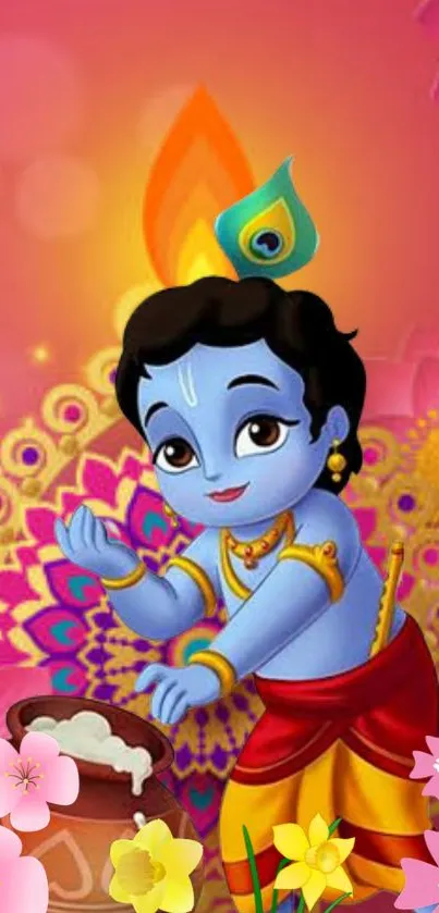 Colorful cartoon of Lord Krishna with bright pink background.