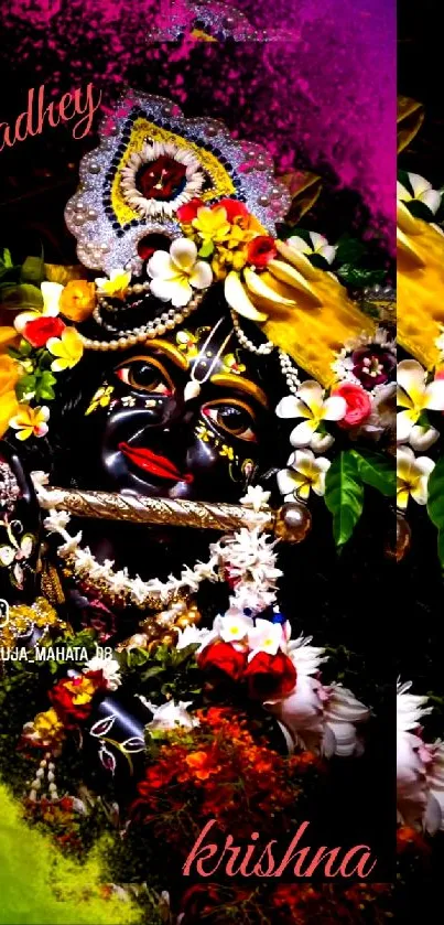 Colorful Krishna with floral elements - mobile wallpaper.