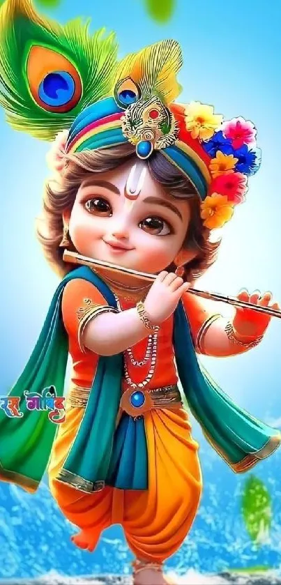 Vibrant illustration of Baby Krishna playing a flute with colorful attire and a peacock feather.