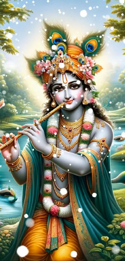 Vibrant mobile wallpaper of Krishna playing flute in nature.