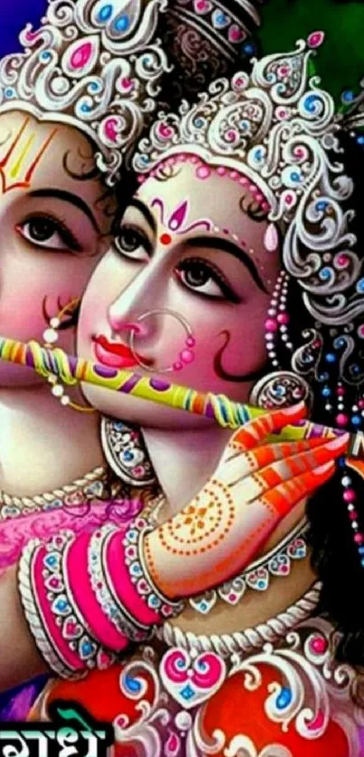 Intricate Radha Krishna artwork with vibrant colors and detailed patterns.