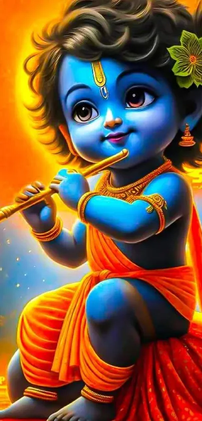 Illustration of Krishna playing the flute with vibrant colors and divine theme.