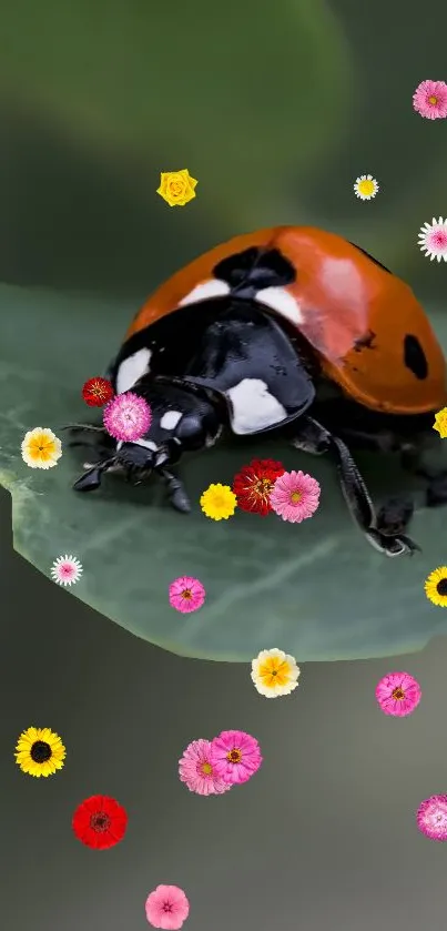 Ladybug on leaf with colorful scattered flowers.
