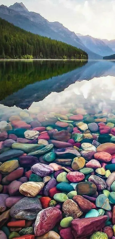 Vibrant pebbles in a serene lake with reflective waters and mountain backdrop.