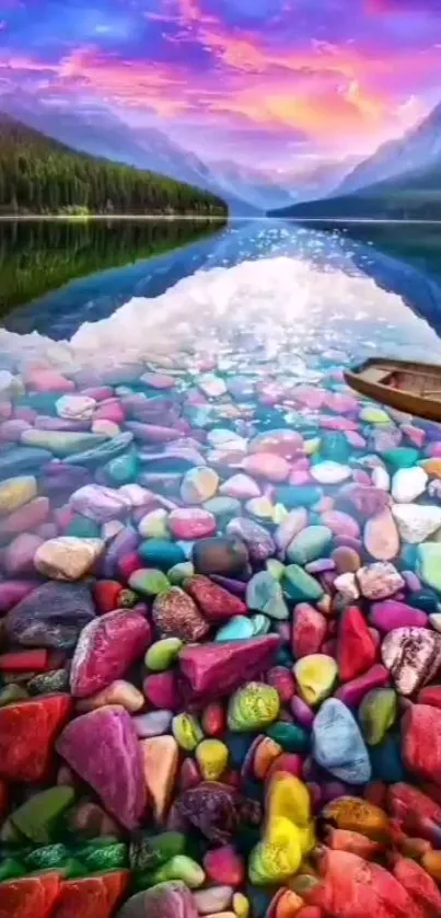 Colorful lake with pebbles and boat reflecting sunset.