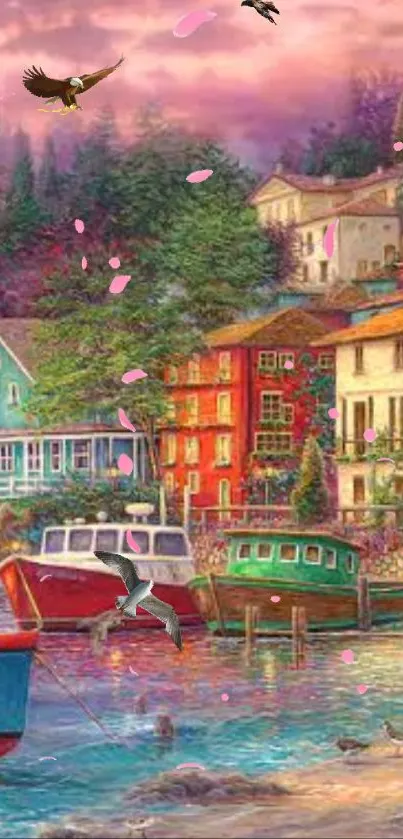 Vibrant lakeside village with colorful houses and boats on a serene water background.