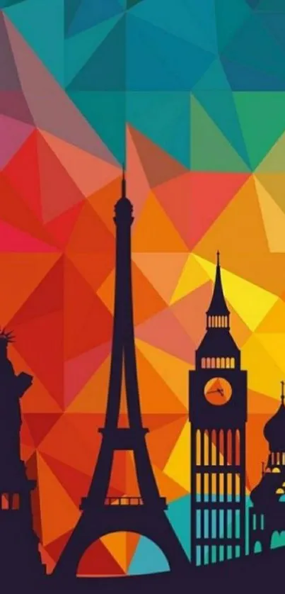 Colorful geometric wallpaper with famous landmarks in silhouette.