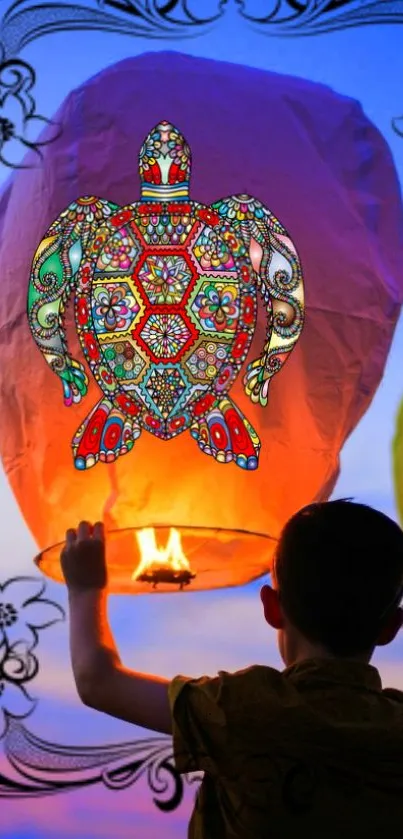 Child releases lantern with colorful turtle art against sunset sky.