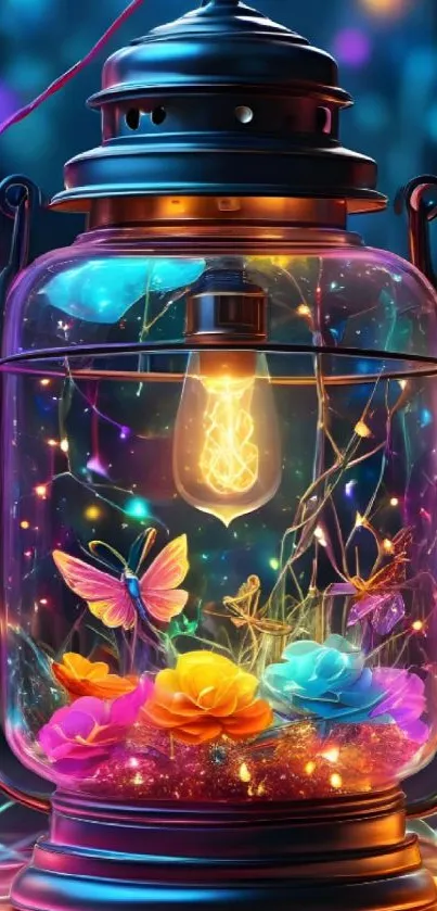 Colorful lantern with flowers and butterflies glowing inside.