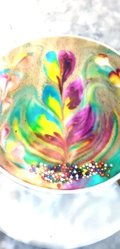 Colorful latte art on coffee with marble background.