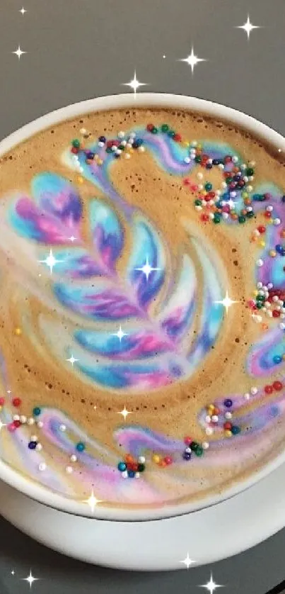 Mobile wallpaper featuring colorful latte art with sprinkles on top.