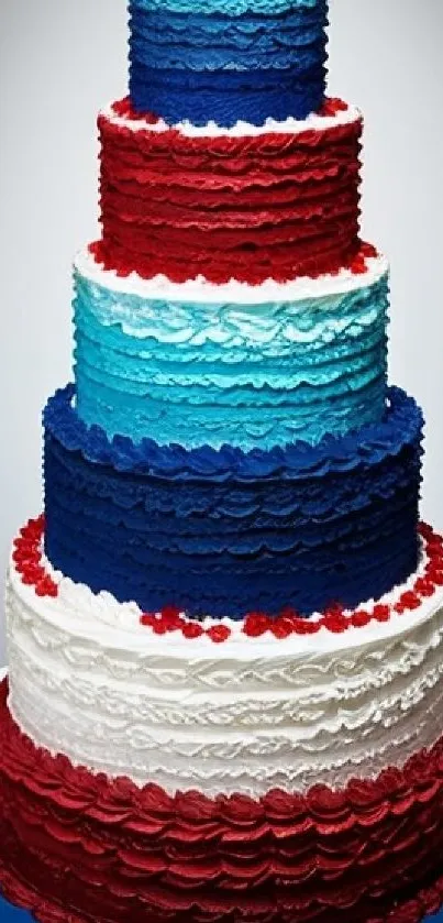 Layered cake wallpaper with red, white, and blue hues.