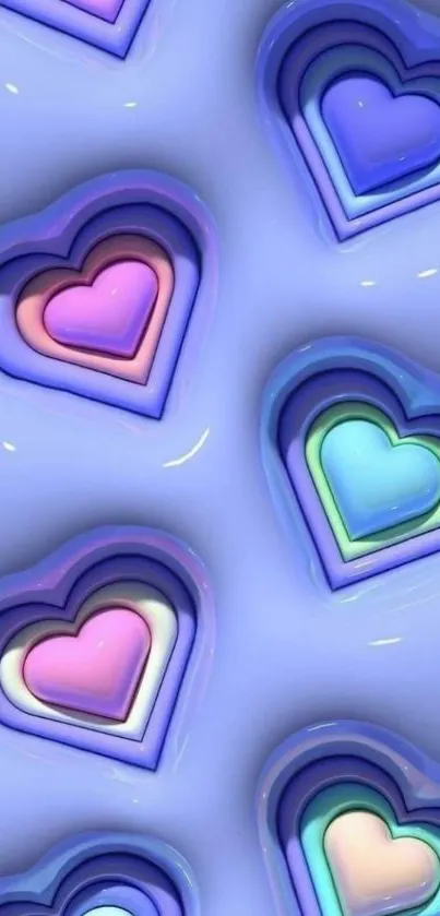 Colorful layered heart pattern on a calming blue background for mobile wallpaper.