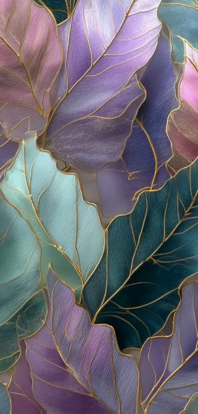 Abstract colorful leaf pattern wallpaper with gold outlines.