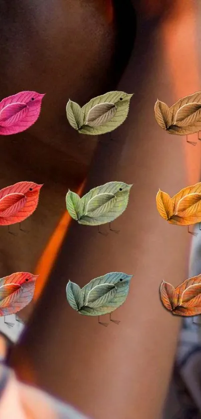 Wallpaper with colorful leaf birds on an orange-toned background.