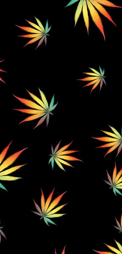 Colorful gradient leaf pattern on black wallpaper.