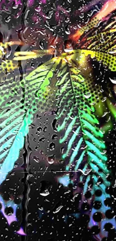 Colorful leaf with raindrops on a black background.