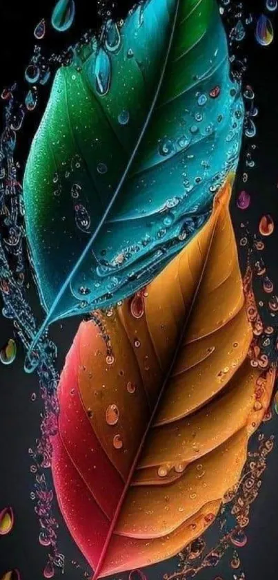 Colorful leaves with water droplets in vibrant hues on a dark background.