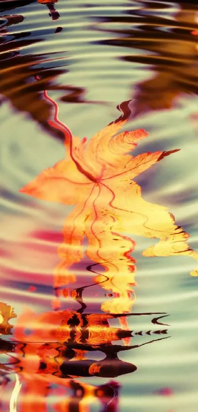 Vibrant leaf reflection in rippling water, showcasing nature's colors.