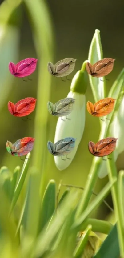 Colorful leaves on green stems wallpaper.