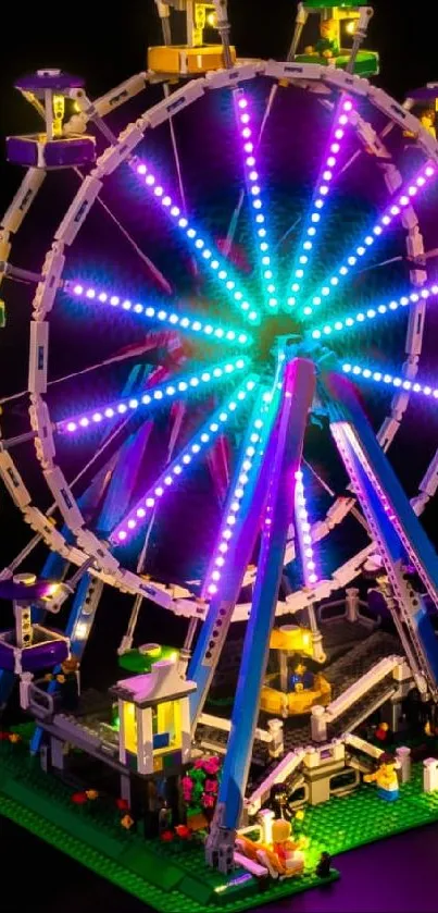 Vibrant LEGO Ferris wheel with colorful LED lights against a black backdrop.