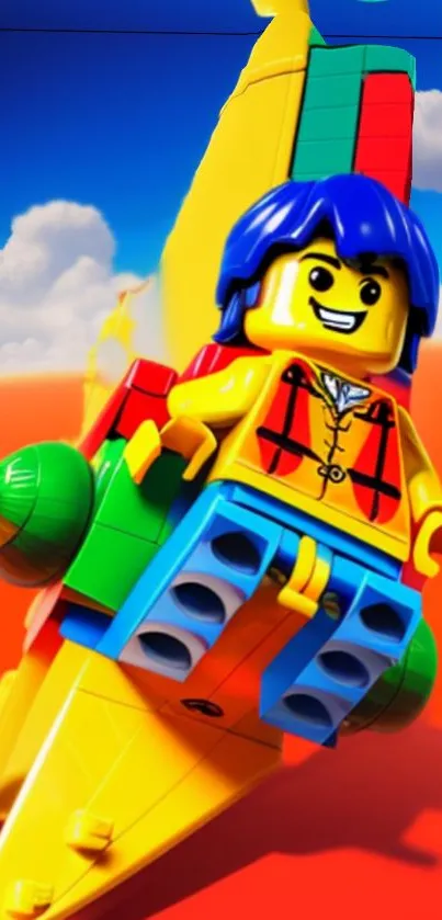 LEGO minifigure flying with colorful airplane.