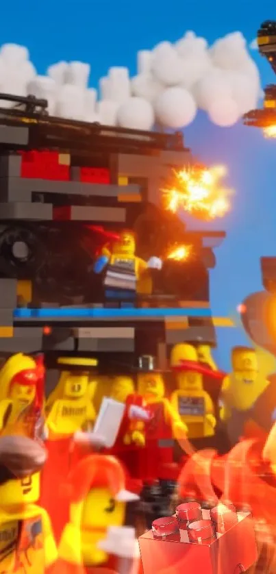 LEGO battle scene with fiery effects on a blue sky backdrop.