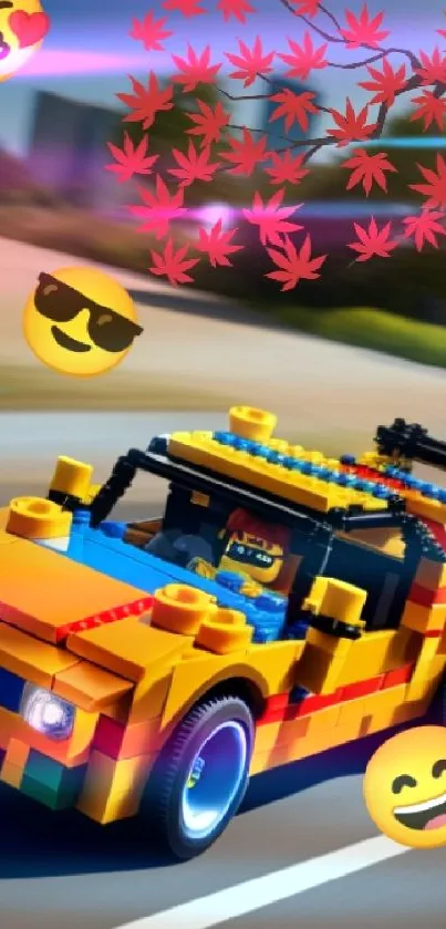 Colorful LEGO car racing with emojis on a vibrant road.