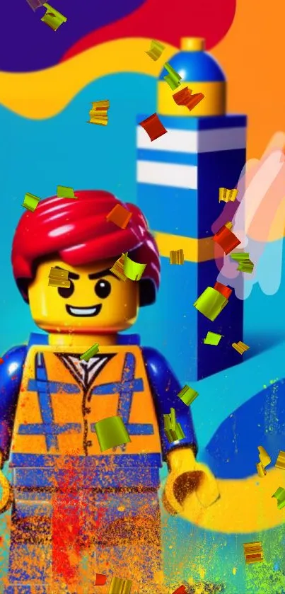 Vibrant LEGO character with colorful confetti on a dynamic background.