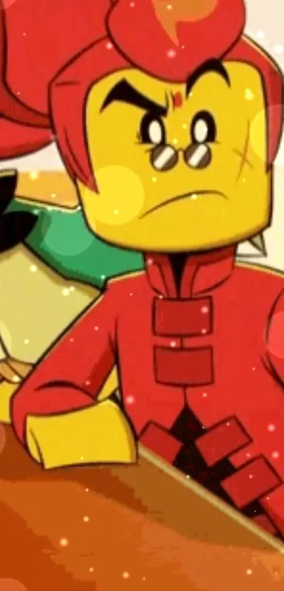 Vibrant LEGO character in red attire with a cartoon style.