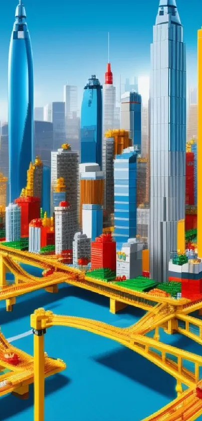 Vibrant Lego cityscape with colorful skyscrapers and bridges against a blue sky.